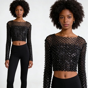 Women's Sexy <strong>Mesh</strong> Beaded <strong>Sequined</strong> Long-Sleeve <strong>Top</strong> T-Shirt Sehe Fashion - Product Image 1