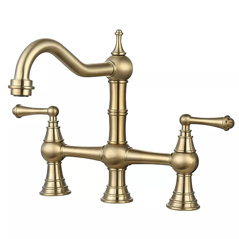 Europa estilo clássico Vintage Full Brass 10 polegadas cozinha ponte torneira ouro polido alças duplas Antique Sink Faucet Mixer