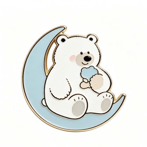 <b>Cute</b> Polar <b>Bear</b> Sleeping On Moon Metal Pin Gold Plated Hard Enamel Animal Theme Collectible Lapel Pin - Product Image 5