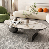 Table basse en dalle de roche au design minimaliste, base en acier inoxydable doré de luxe, table centrale ovale, table basse haut de gamme pour salon