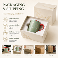 Tasse à café en céramique personnalisée vert sauge marbré avec motif floral doré, intérieur rouge, en porcelaine, pour la maison, le bureau ou comme cadeau