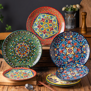 Assiette à steak/pâtes/soupe en céramique de style marocain et bohème, vaisselle ronde, service de table, assiette et bol avec peinture sous glaçure - Product Image 1
