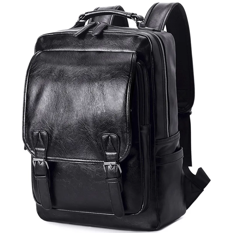 Eco-friendly Black PU Leather travel 15 inches Laptop Backpack school bags for men women