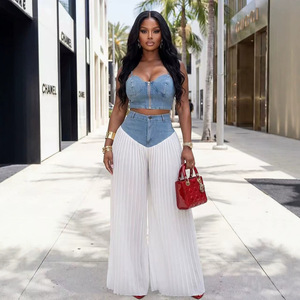 Bộ đồ nữ thời trang mùa hè: Áo <span class=keywords><strong>cami</strong></span> cổ V phối denim xếp ly và quần chiffon, phong cách châu Âu, hai mảnh - Product Image 3