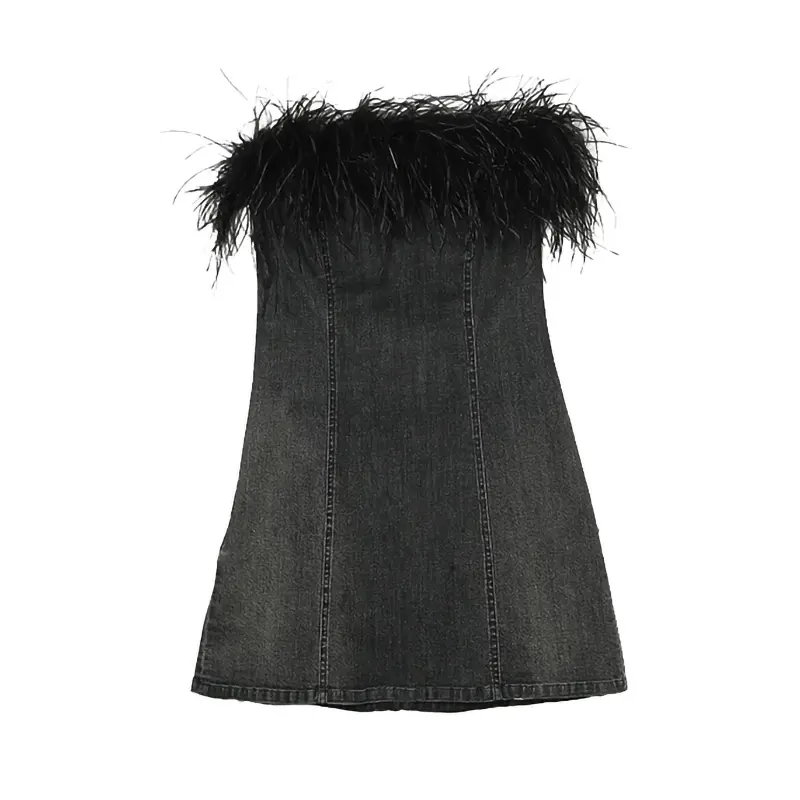 New Arrival Women Sexy Fur Dress Black Ostrich Feather Denim Dress