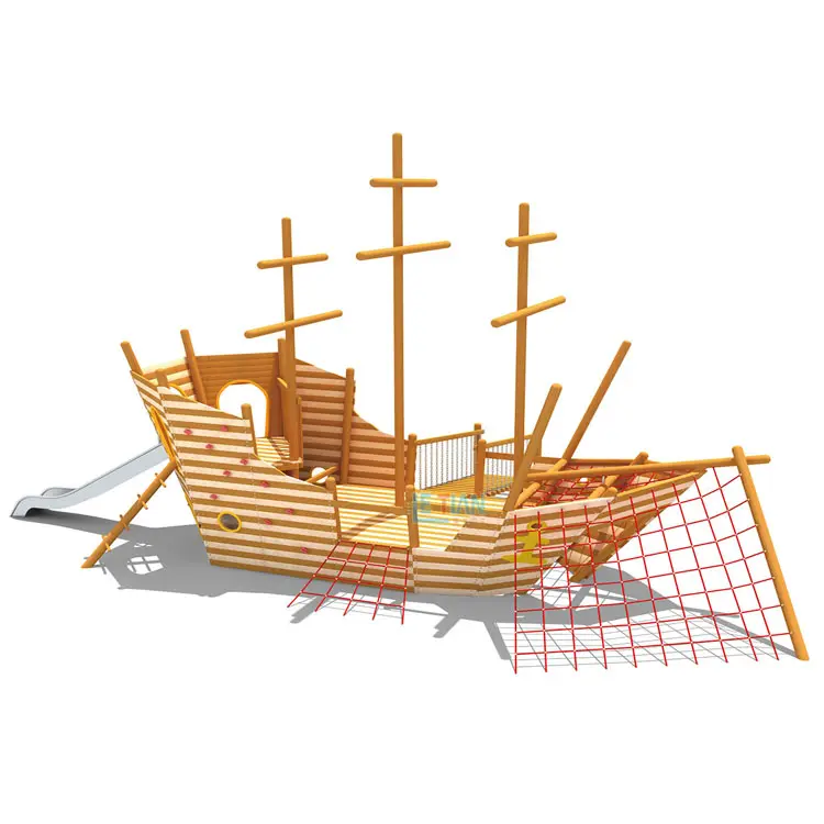 Équipement de terrain de jeu extérieur Bateau pirate Parc de toboggan en bois pour enfants