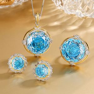 Fashion Eco-friendly Copper Gold Plated 18-10MM Sea Blue Cubic Zirconia Classic Floral Pendant <b>Earrings</b> Jewelry <b>Set</b> Wedding - Product Image 3
