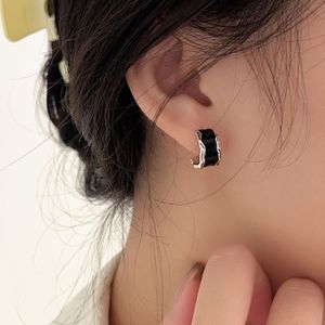 Yinruitai S925 Sterling <b>Silver</b> <b>Huggie</b> Earrings Black Epoxy Minimalist Geometric Design Everyday Wear Unisex Small Size - Product Image 3