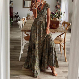 Women's <b>Boho</b> Paisley Maxi <b>Dress</b> Smocked Waist Ruffled Hem Casual <b>Summer</b> Long <b>Dresses</b> Fashion - Product Image 1