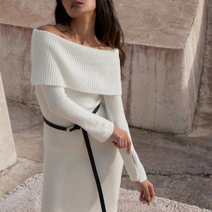 เดรสยาวไหมพรมแขนยาวสำหรับผู้หญิงคุณภาพสูง สีขาว ทรงเข้ารูป เหมาะสำหรับฤดูหนาว - Product Image 5