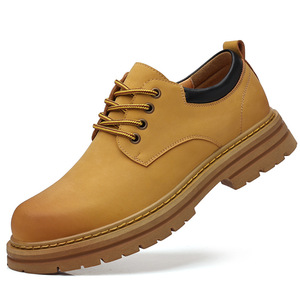 Bottes Martin pour hommes en cuir à bout rond, à lacets, semelle souple en caoutchouc, hauteur cheville, couleur unie, style décontracté, automne - Product Image 5