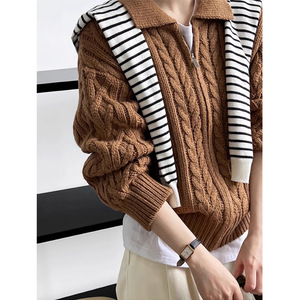 Outono Inverno Casaco High-End das Mulheres Coreanas Elegante Torcido <span class=keywords><strong>Cardigan</strong></span> com Lapela Zíper Frontal Tecer Longo-Malha - Product Image 3