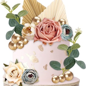 Éventail en feuille de palmier thème bohème, fleur artificielle rose, inserts pour gâteau d'<span class=keywords><strong>anniversaire</strong></span>, accessoires de décoration DIY - Product Image 5