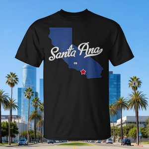 T-shirt con mappa di Santa Ana California, design blu con stella in evidenza - Product Image 2