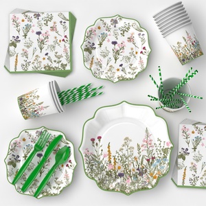 Juego de vajilla de encaje verde primavera Vintage para fiesta de té bandeja de papel desechable taza y toalla decoraciones Tema de flores silvestres - Product Image 3
