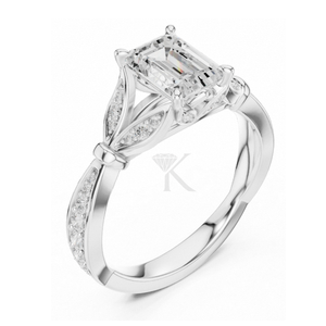 Anillo de compromiso con corte esmeralda en oro amarillo, diseño de hoja inspirado en la naturaleza, anillo de diamantes estilo vintage con tallo dividido, anillo de promesa elegante - Product Image 3