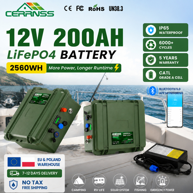 CERRNSS 12v 100ah Deep Cycle Lithium Marine Battery Handle Portable 24v 200Ah 300ah Solar Lifepo4 Battery for RV Boat Outdoor