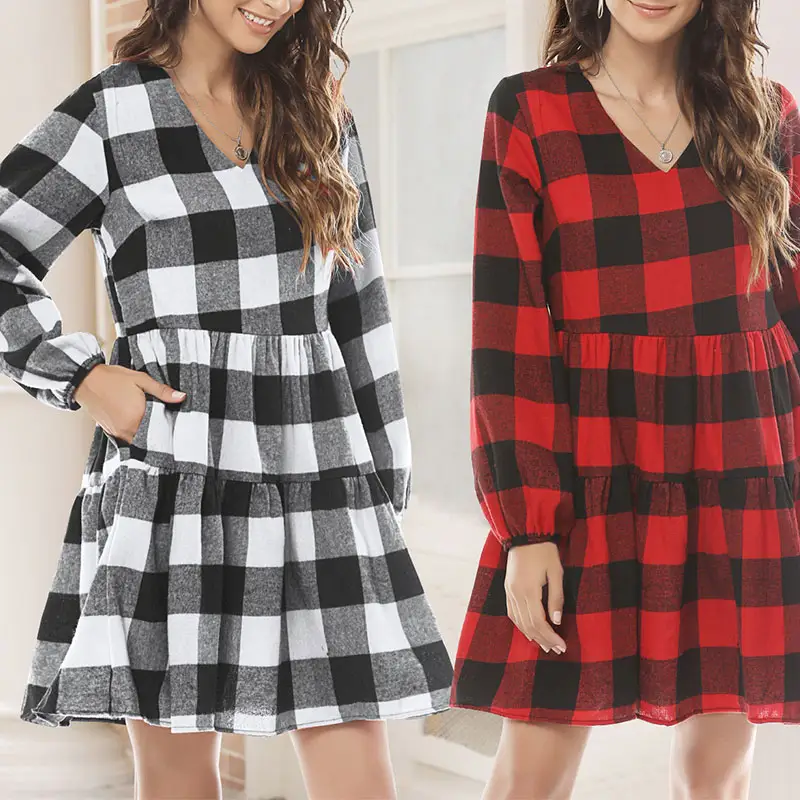 Autumn and Winter Women's Christmas Plaid Dress Plus Size Dress Long Sleeve Casual Tiered Dress Christmas Clothes for Women