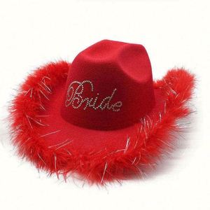 Chapeaux Fedora en feutre poly-coton en gros, en stock, blancs, pour mariage, fête, bordure en plumes brillantes, style pêcheur - Product Image 4