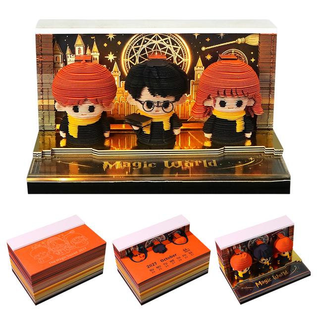 Magic World 3D Memo Pad 2027 Calendar Wizard Trio Paper Sculpture Magic Squad Notes Block LED Light Creative Desk Decor Gift