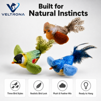 Jouet interactif couineur pour chat et chien, motif oiseau de dessin animé, avec queue en plumes véritables, corps en peluche et couineur interne - 3 couleurs, 16 cm