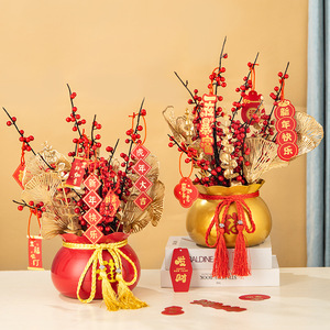 Fleurs artificielles, baies rouges, houx, arrangement du Nouvel An chinois, décoration festive faite à la main pour la maison ou en cadeau - Product Image 1
