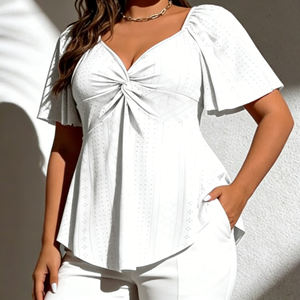 SWEETBABE Personnalisation 2026 Blouse Peplum Blanc Royal Élégance Moderne Femme Manches Courtes Col en V Tissu Respirant Boutons et Œillets - Product Image 3