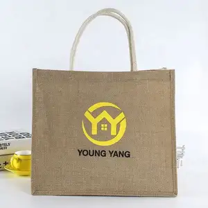 China Fábrica Direta Durável Logotipo Personalizado Impressão Dentro Laminado Natural Juta Hessian Tote Saco De Compras