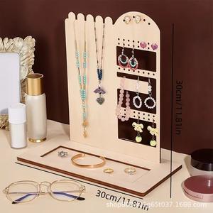 Support de rangement pour bijoux en bois massif, 3 niveaux, pour colliers, boucles d'oreilles, bracelets, couleur naturelle, présentoir de rangement - Product Image 1