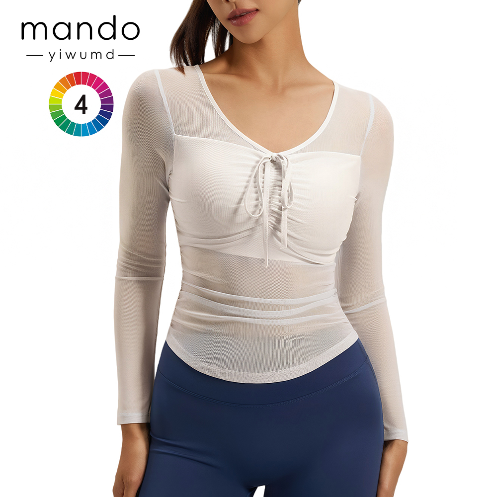 New Mesh Yoga Clothes Nine Quarter Sleeve Women's Slim-fit Slimming Fixed Cup Sweatshirt Quick Dry Sports Fitness Top