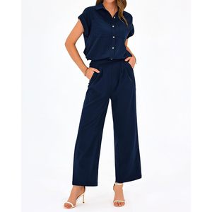 Conjunto de 2 Piezas para Mujer, Top de Manga Corta y Pantalones Palazzo, Atuendo Casual de Verano, Tela Crepé Transpirable - Product Image 4