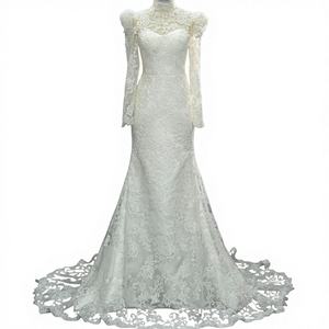 Robe de mariée SFY349 moderne et classique à col montant, broderie en dentelle, manches longues, appliques florales en cristal, traîne chapelle - Product Image 1