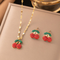 Set Kalung dan Anting Fashion Motif Kepingan Salju dan Ceri dari Baja Anti Karat, Cocok untuk Grosir, Model Pita untuk Wanita