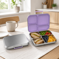 S004-3 Boîte Bento Réutilisable 4 Compartiments Mignonne avec Base et Couvercle en Acier Inoxydable, Capacité 1-3L, Anti-fuite, Sans BPA, Compatible Micro-ondes, pour Nouveau-né
