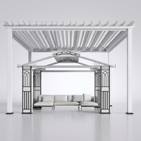 Pergola moderne en alliage d'aluminium motorisée à toit à pignon pour patio extérieur, jardin, cour arrière avec canapé modulaire