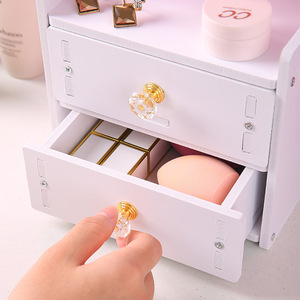 Wooden Cosmetic Storage Box With <b>Mirror</b> Desktop Makeup Organizer For Student Dormitory - Product Image 4