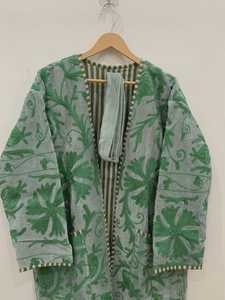 Velvet Suzani Kimono <b>Robe</b> Hand Embroidered Boho <b>Coat</b> Green Floral Festival Jacket Uzbek Belted Kaftan - Product Image 2