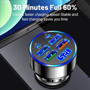 Adaptador de cargador de teléfono de coche USB C de carga súper rápida 6 en 1 con pantalla de voltaje Cargador de coche multipuerto de 100W para iPhone Samsung - Product Image 2