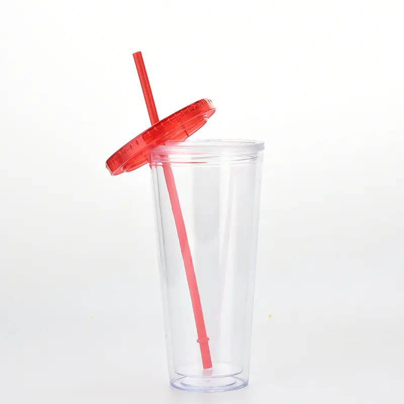 Custom Logo Reusable Drinking Mugs Double Wall Tumbler Clear Cups Plastic With Straw And Lid
