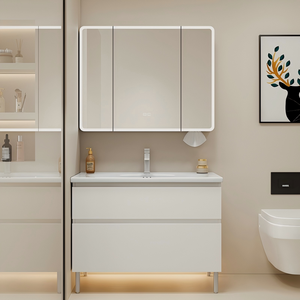 Meuble-lavabo de salle de bain moderne en bois massif et PVC, sur pied, avec vasque en céramique, miroir LED et <span class=keywords><strong>armoire</strong></span> à <span class=keywords><strong>pharmacie</strong></span> pour appartements - Product Image 3