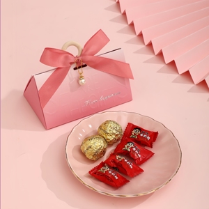 Boîte cadeau triangulaire en relief 3D avec poignée, ruban perlé, sac à bonbons réutilisable pour mariage, emballage en papier recyclé de qualité supérieure, anniversaire - Product Image 6