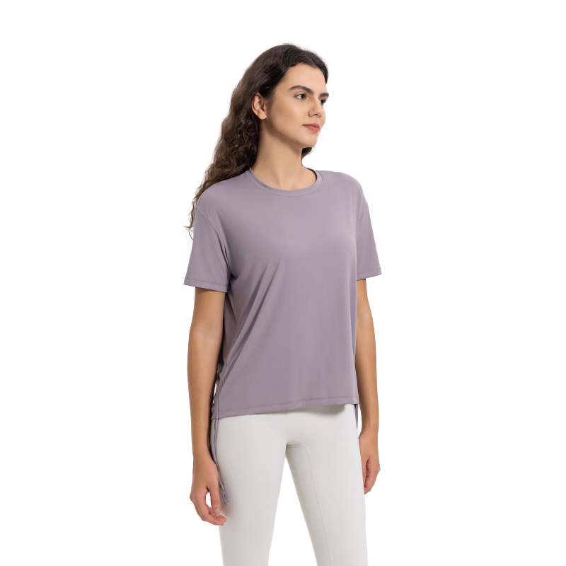 High End Breathable Yoga T-Shirt Front Logo Loose Fit Wholesale Round Neck Sport Active Workout Clothes for Women Spandex/Nylon