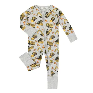 Custom Print Bamboo Baby Clothes Jumpsuit excavators and bulldozers Pattern For Children Autumn Full Bodysuit for Kids