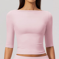 Nouveautés Femme 2026 – Haut de Yoga Brossé à Manches Mi-Longues, Coupe Ajustée, Col Bateau, Taille Haute Élastique, Effet Sculptant, Idéal pour la Course et l'Entraînement