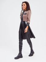 Damen Schwarz und Kaffee Leder Patchwork Kleid Stehkragen Front Reiß verschluss Utility Pocket Flared Midi Kleid für Party Cocktail