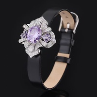 Pulsera de Cuero de Lujo con Esmeraldas y Amatistas, Chapada en Plata de 18K con Circonitas, para Mujer
