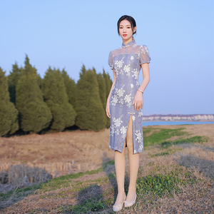 Diseño tradicional chino sentido nicho chica joven estilo <span class=keywords><strong>azul</strong></span> claro vestidos de encaje bordado encaje vestidos de novia <span class=keywords><strong>qipao</strong></span> mujeres fábrica - Product Image 5