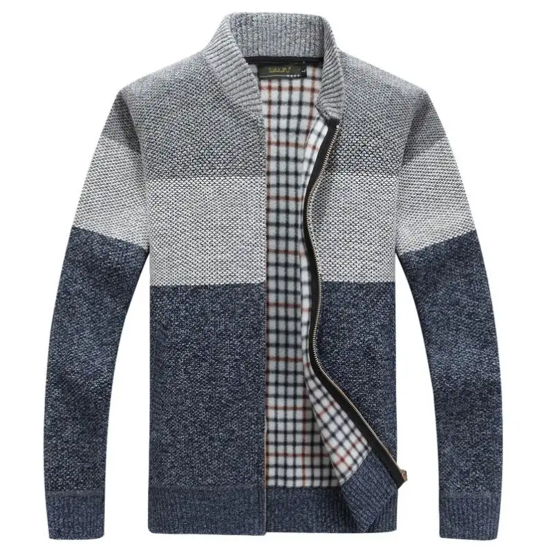 Drop Shipping Spring Fall Winter Sweater Stand-up Collar Long Sleeve Grey Color Block Zip Up Mens Cardigan Sweater For Men