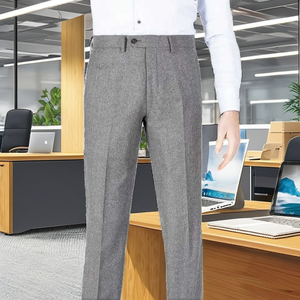 Pantalón de Vestir Casual para Hombre, Corte Slim Fit, Diseño Ligero en Tono Jaspeado, Frente Plano, Cintura Media, Corte Recto, Tejido Liso Teñido, 100% Algodón - Product Image 2