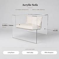 Fauteuil lounge sans accoudoirs en acrylique transparent de luxe nordique avec coussin en cuir/velours pour appartement, hall d'hôtel, salon, café, lounge